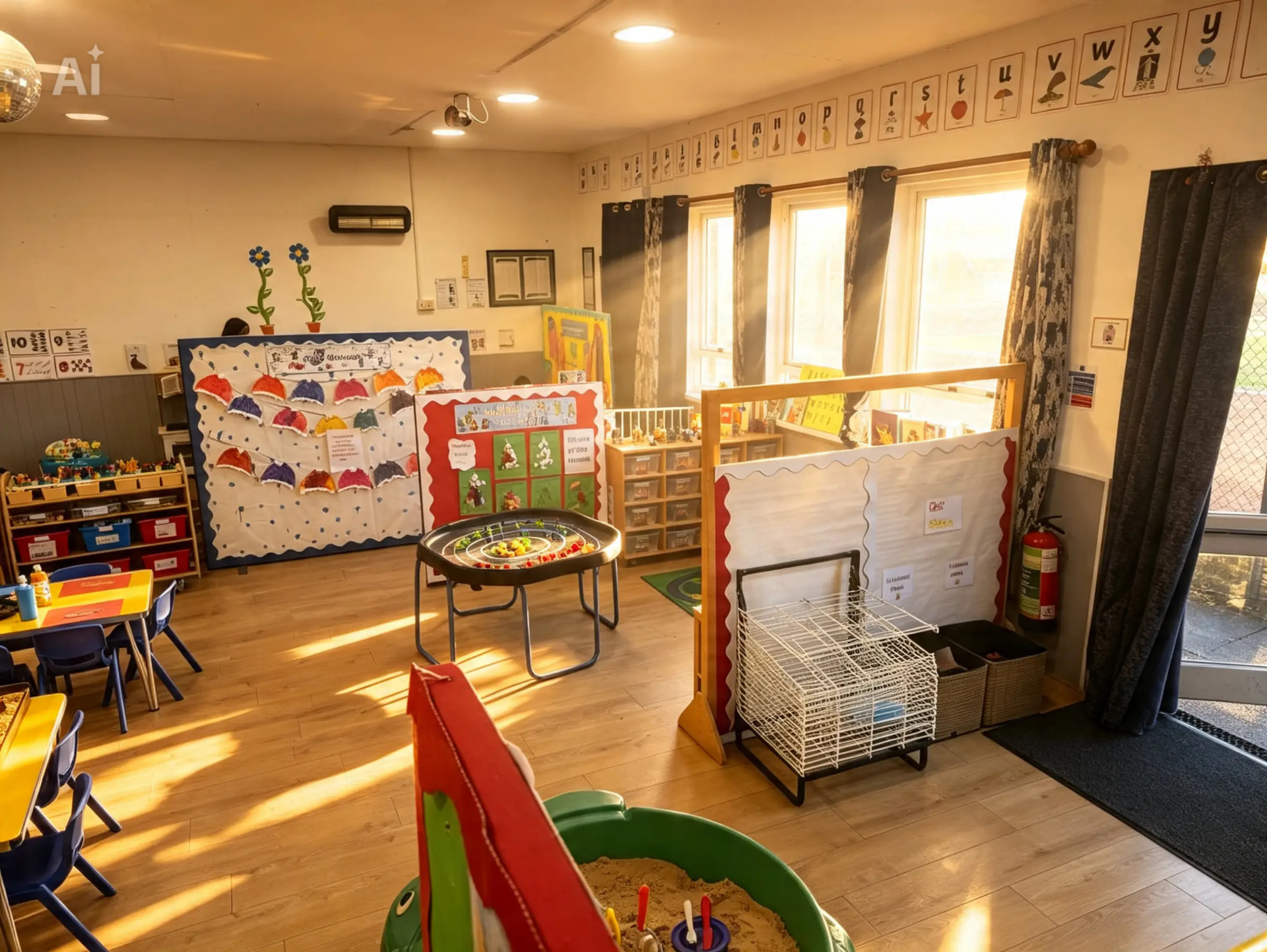 Our bright main nursery room with alphabet displays, book corner, tuff tray and sand play