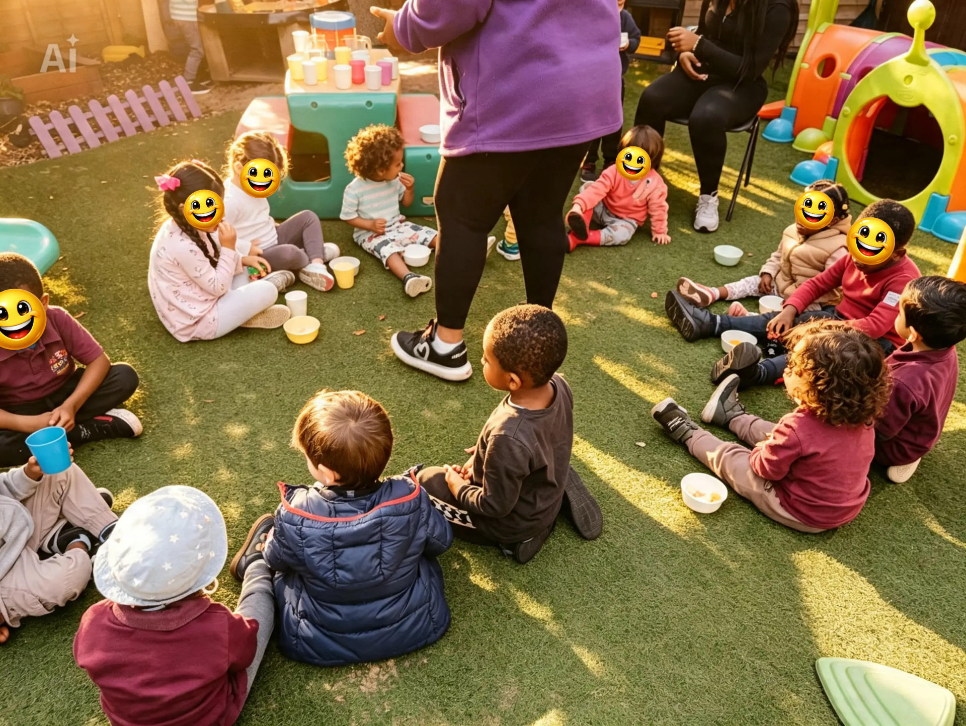 Children sitting together on the grass for snack and circle time with their key person at Grace & Giggles Nursery