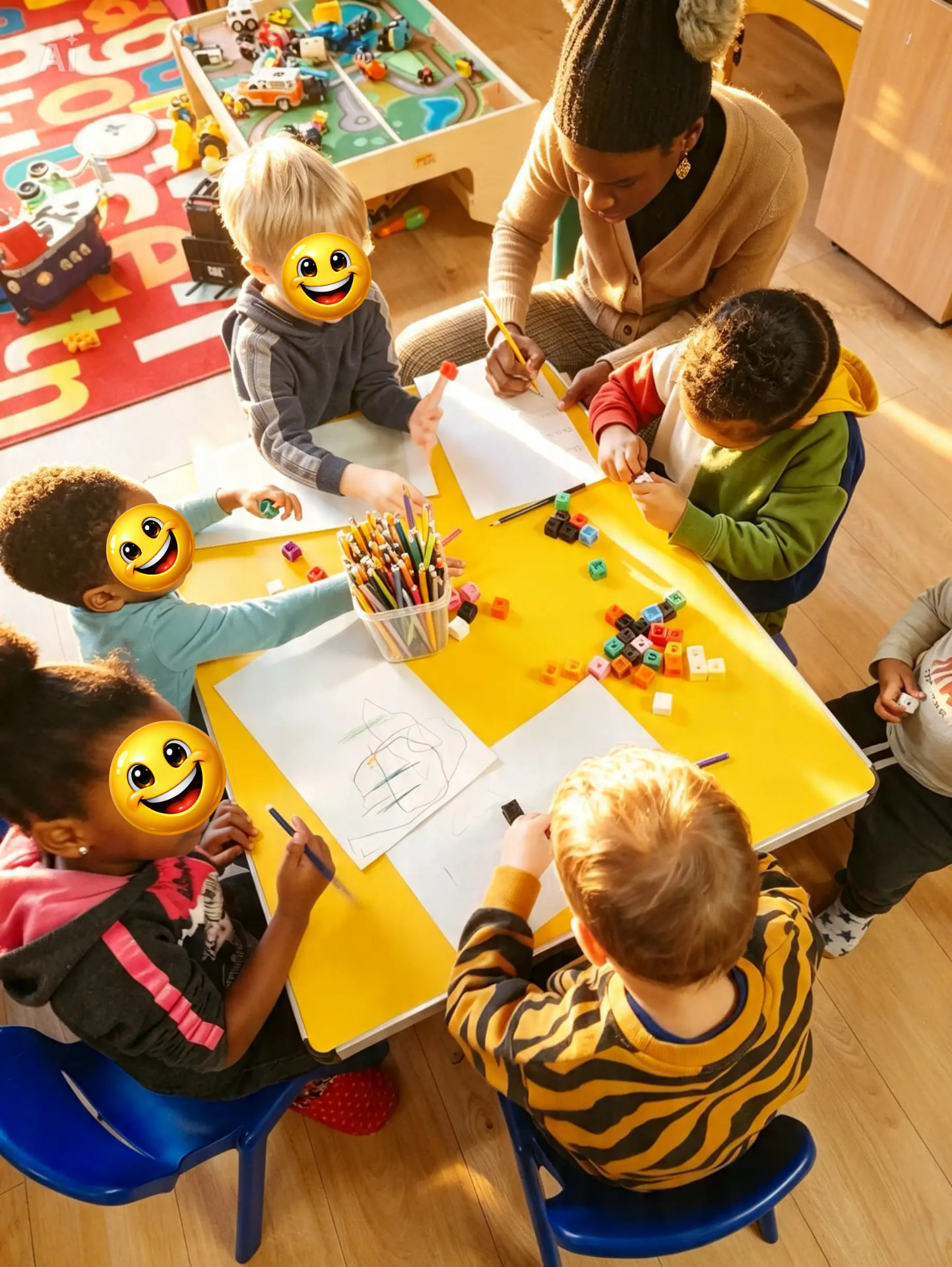 Preschoolers drawing and using counting cubes alongside their key person