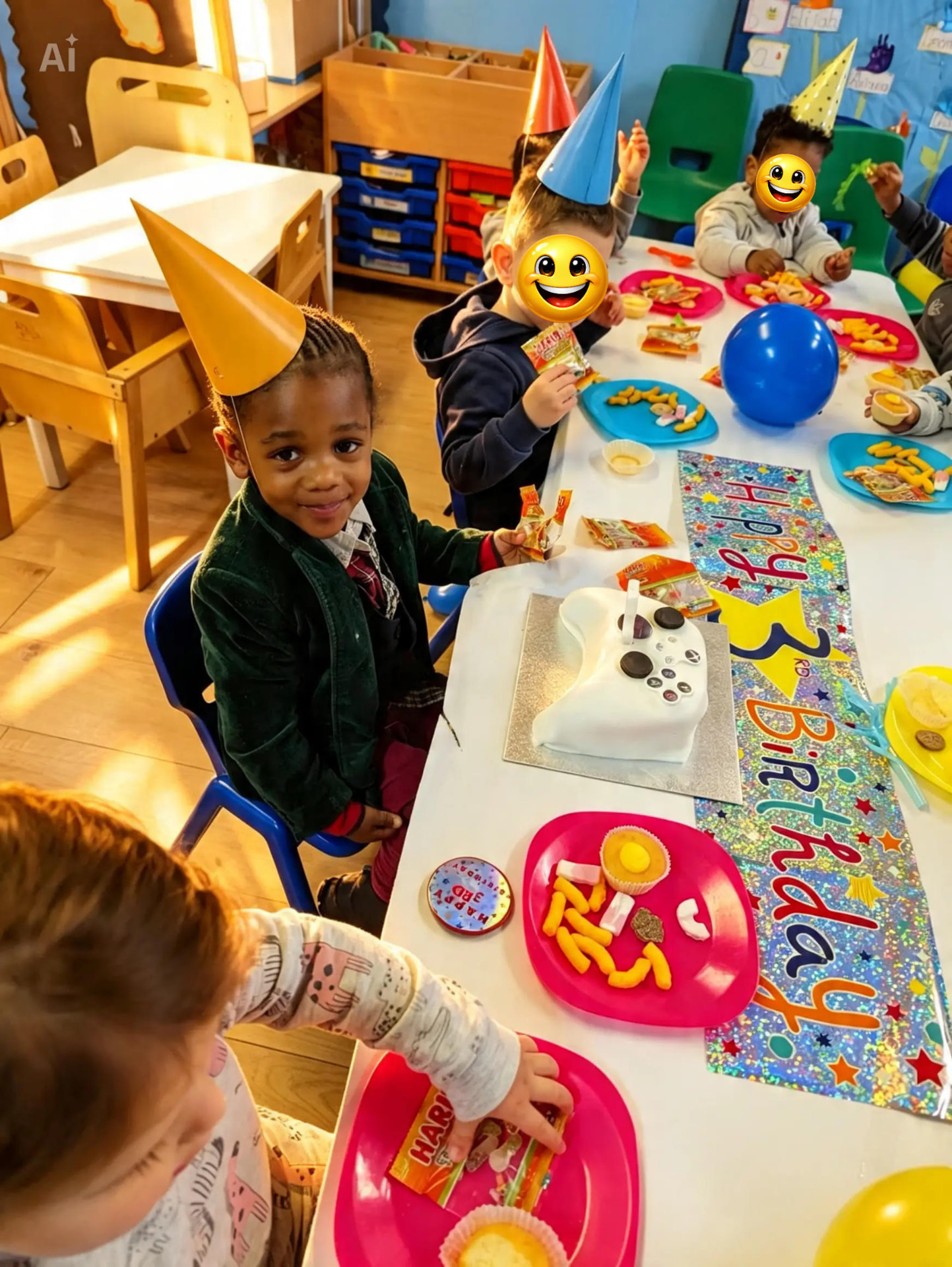 Children wearing party hats celebrating a third birthday with cake and treats at Grace & Giggles Nursery