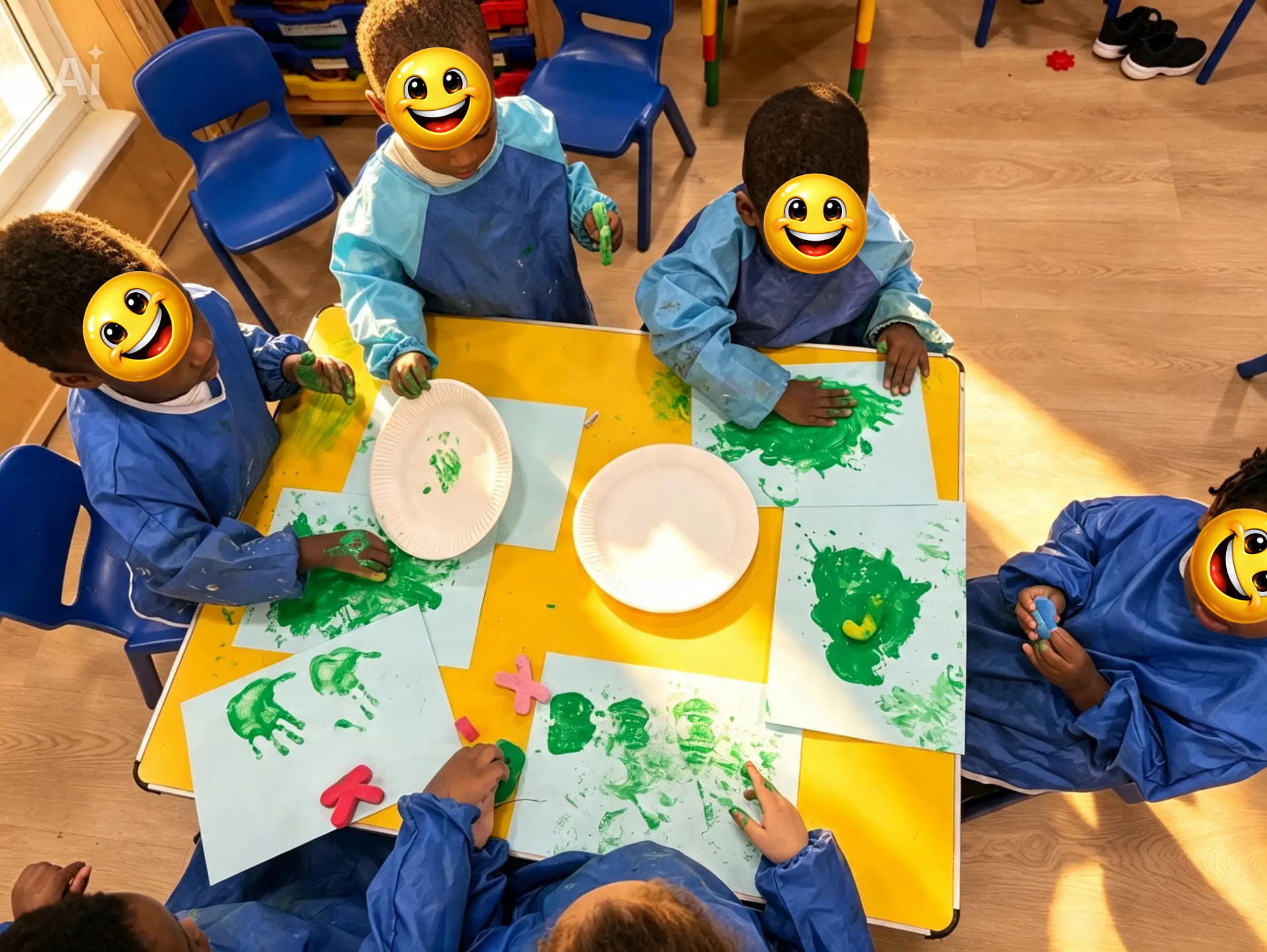 Children in aprons making green handprint paintings — expressive arts and design in action