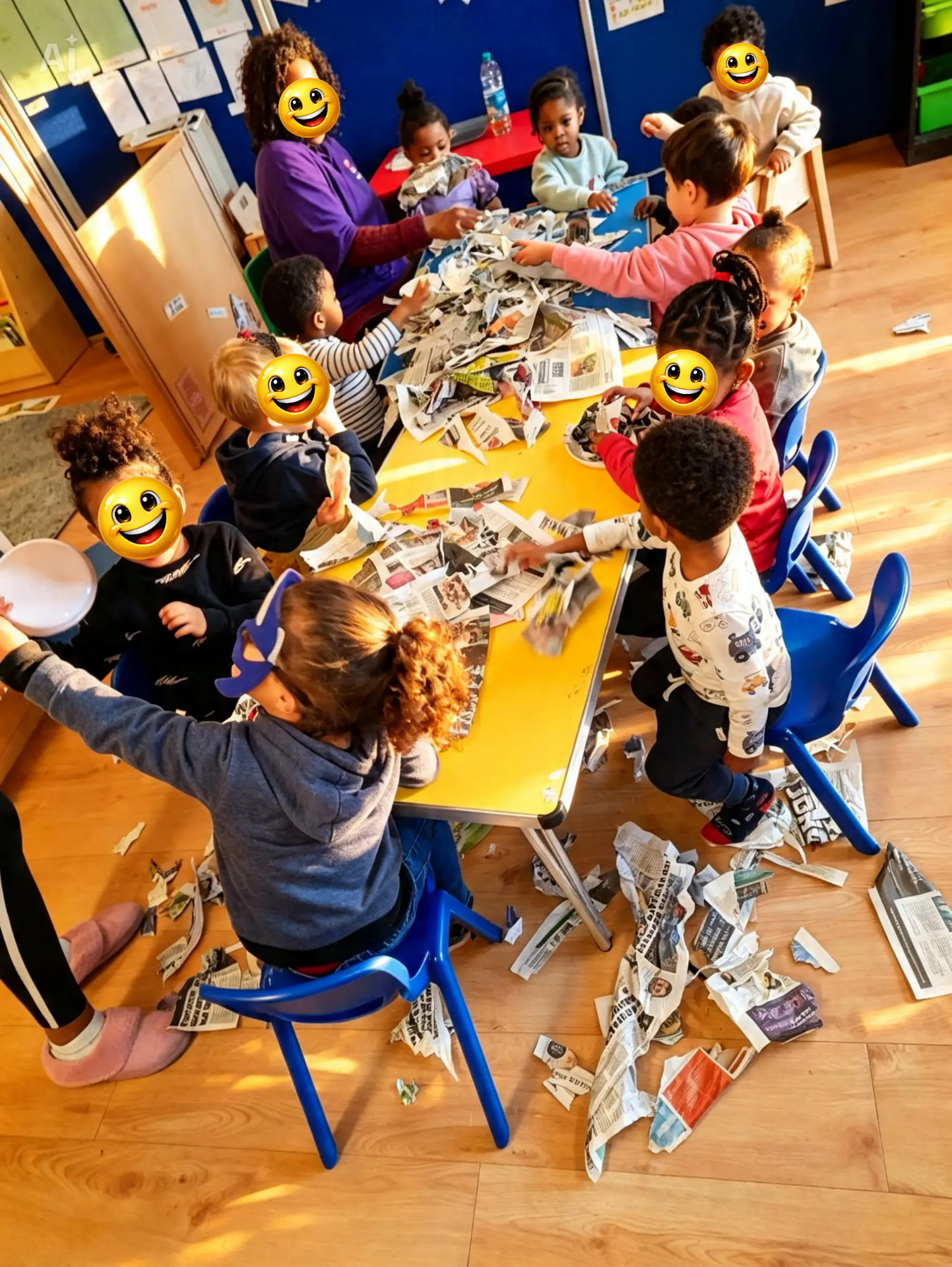 Children laughing together during a joyful newspaper-tearing messy play session with their practitioner