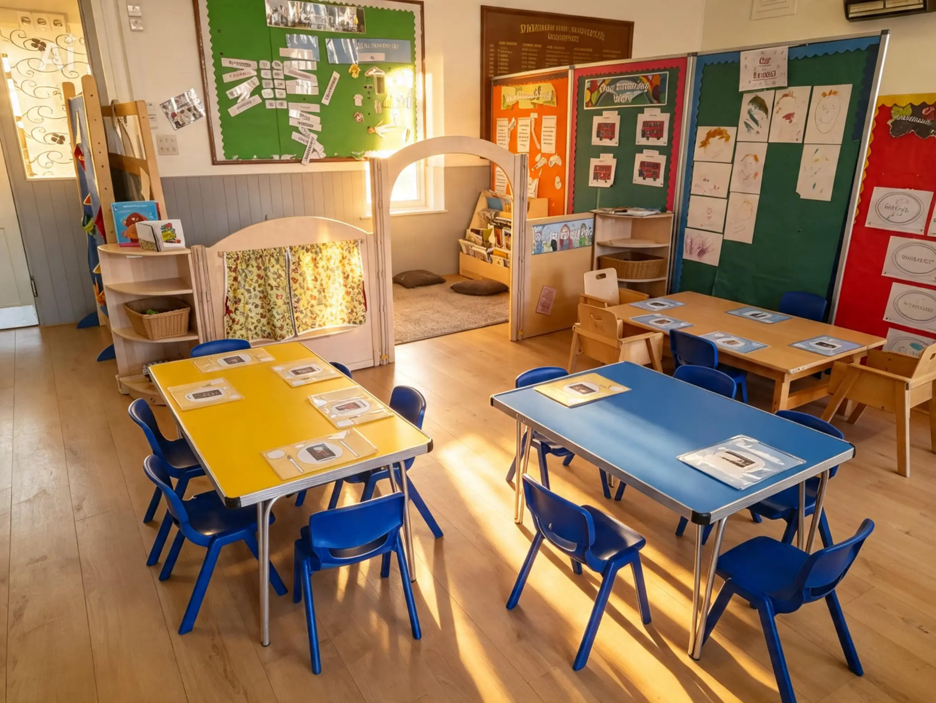 Sunlit Preschool room at Grace & Giggles with child-height tables, blue chairs, a reading corner and colourful display boards of children's work