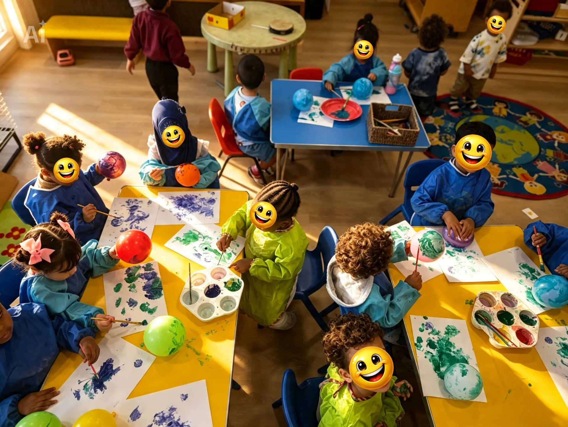 Children in painting aprons printing with balloons and brushes during a creative art session