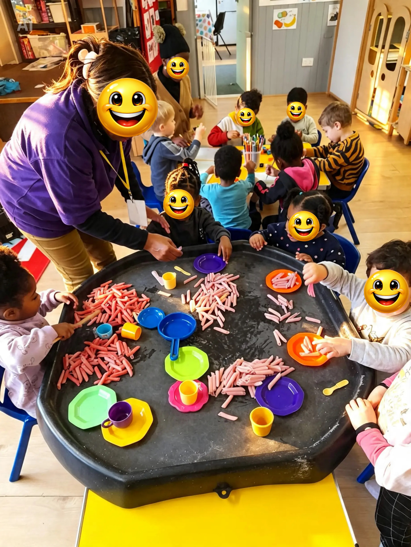 Children exploring coloured pasta and play crockery in the sensory tuff tray with their key person