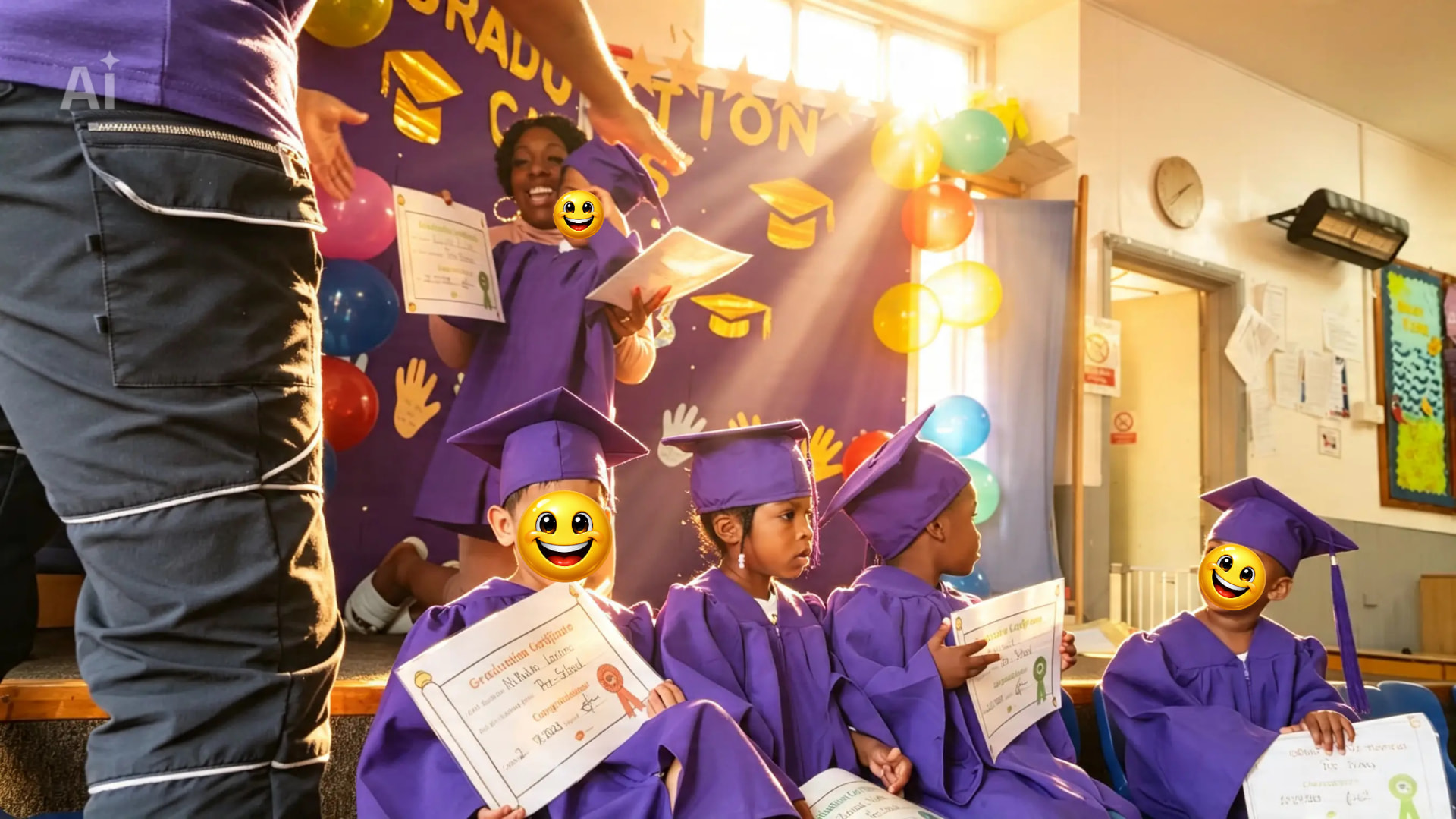 Preschool children in purple caps and gowns receiving their graduation certificates at Grace & Giggles Nursery