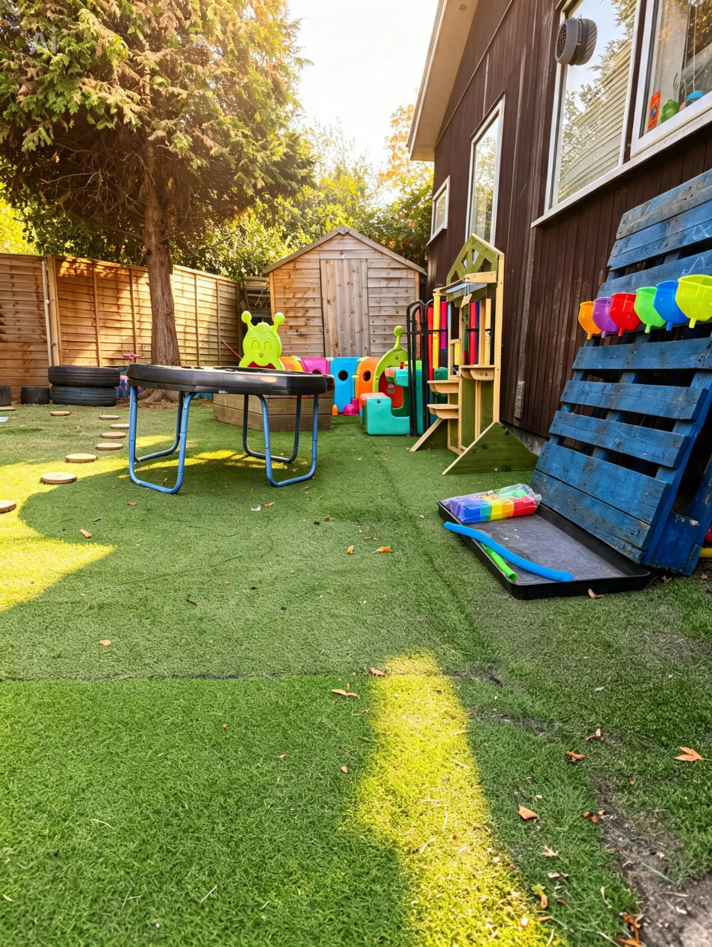 Our nursery garden in Sydenham with a trampoline, playhouses, mud-kitchen style water wall and soft grass for outdoor play