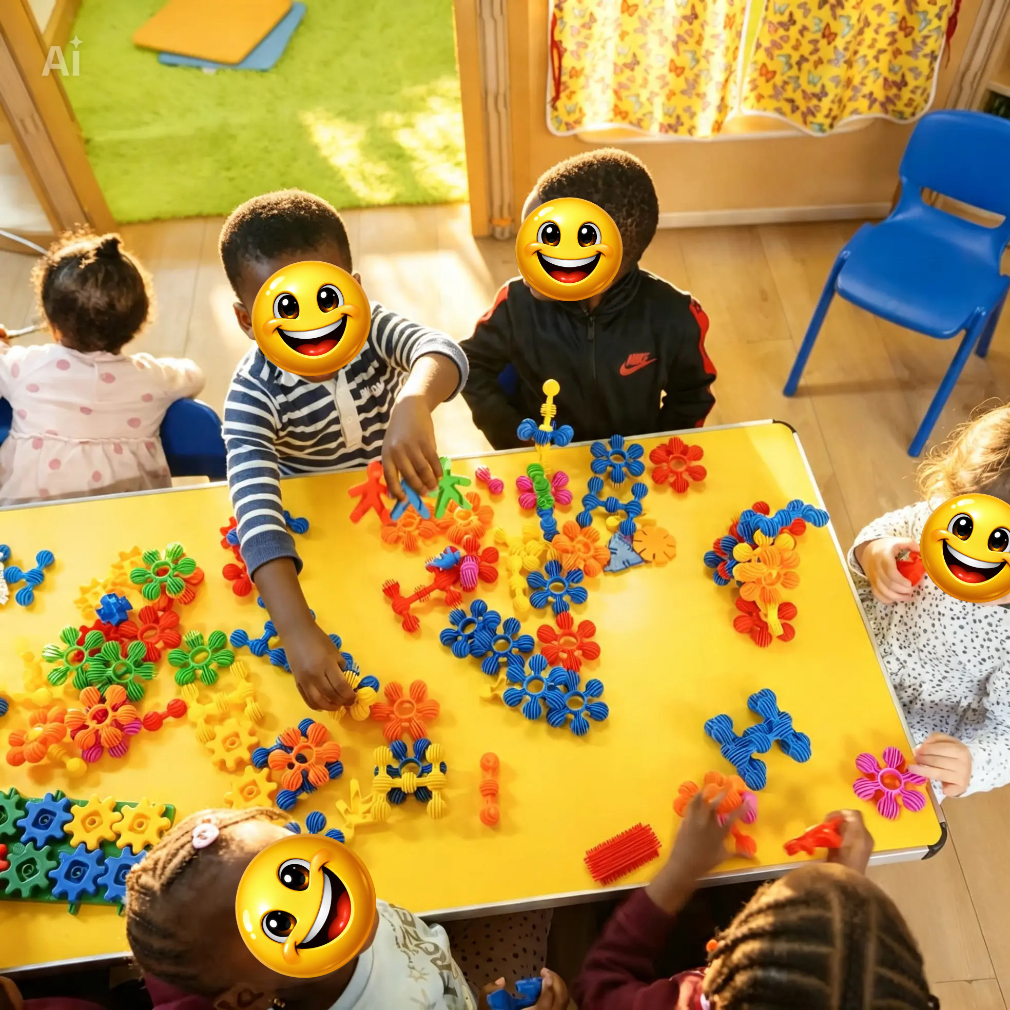 Toddlers building flowers and shapes with colourful construction pieces at a nursery table
