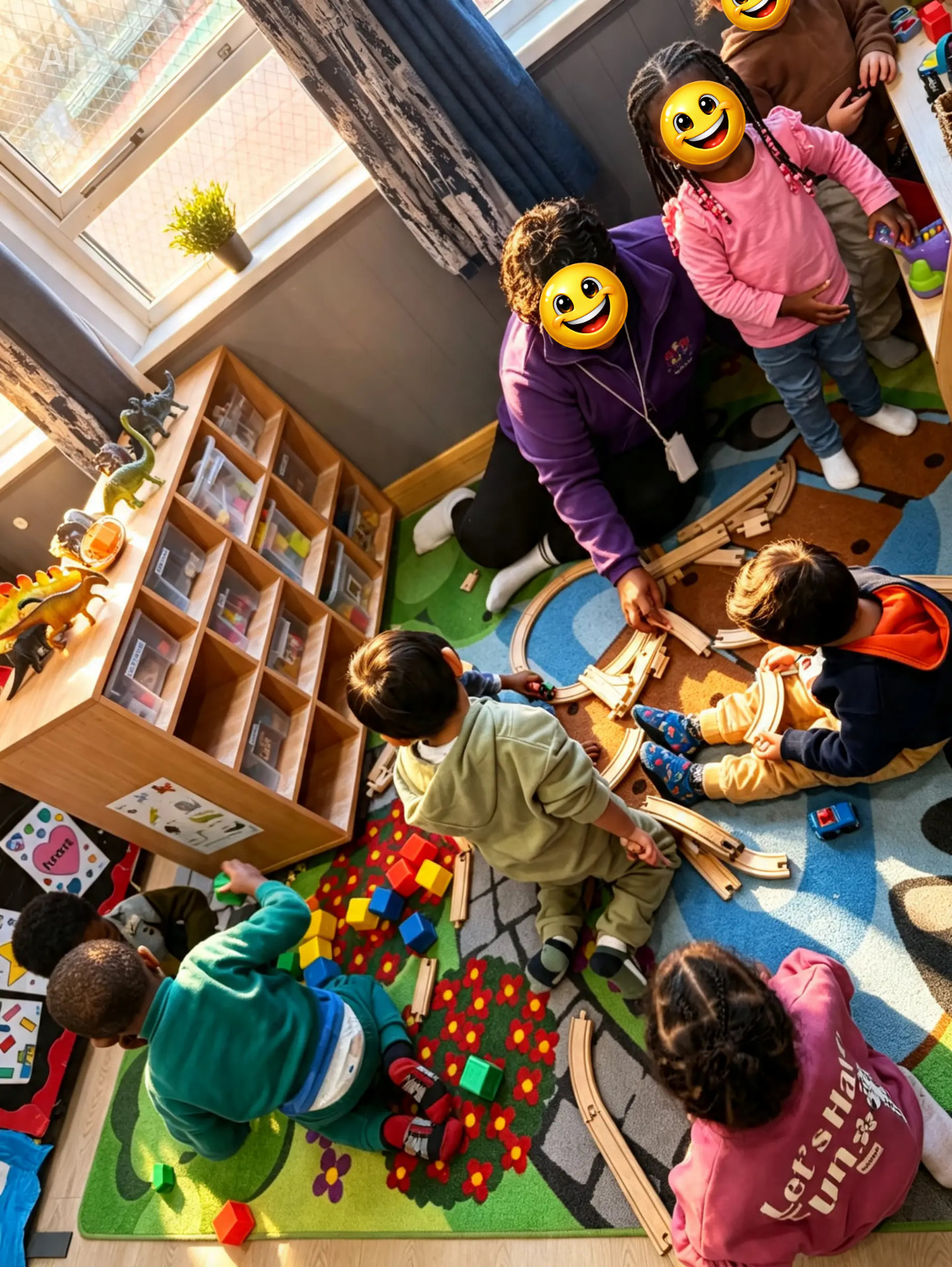 A practitioner building a wooden train track on the floor with a group of toddlers
