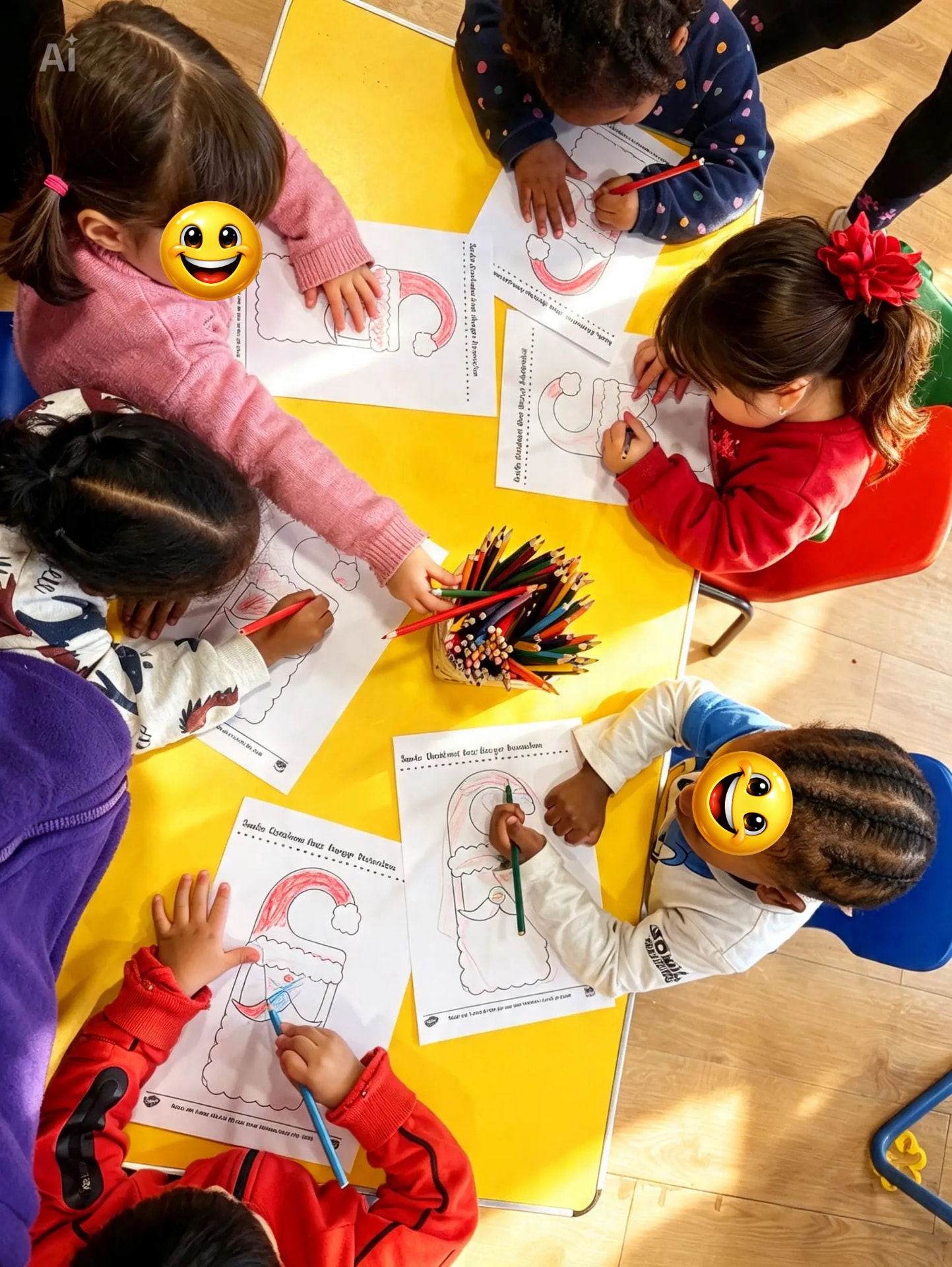 Children colouring pictures with pencils, developing early mark-making and fine motor skills