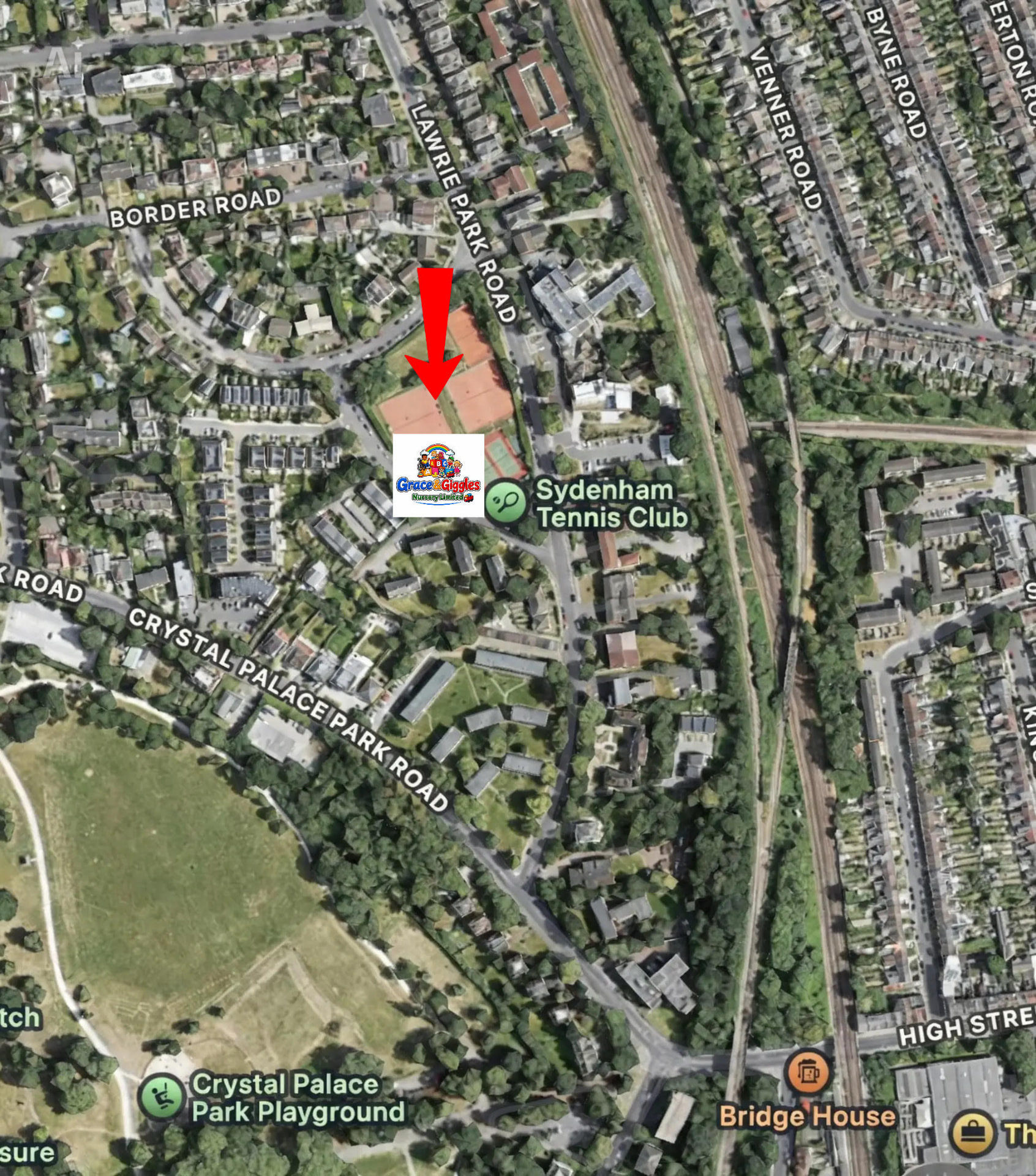 Aerial map showing Grace & Giggles Nursery beside Sydenham Tennis Club, off Lawrie Park Road near Crystal Palace Park