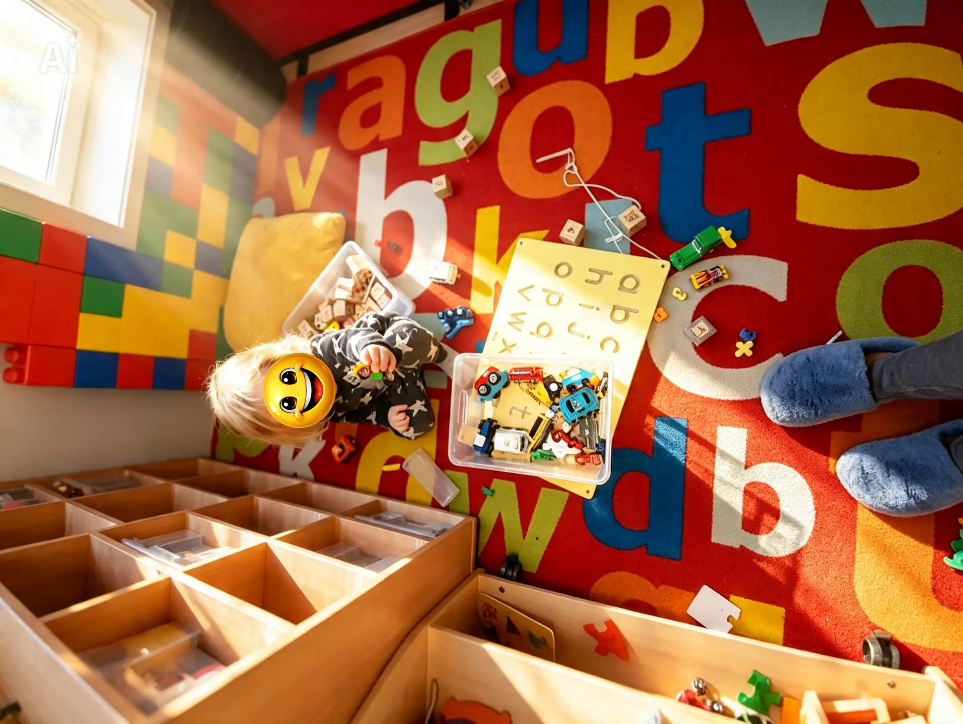 A toddler playing with wooden blocks and toy cars on the alphabet rug in our baby and toddler room