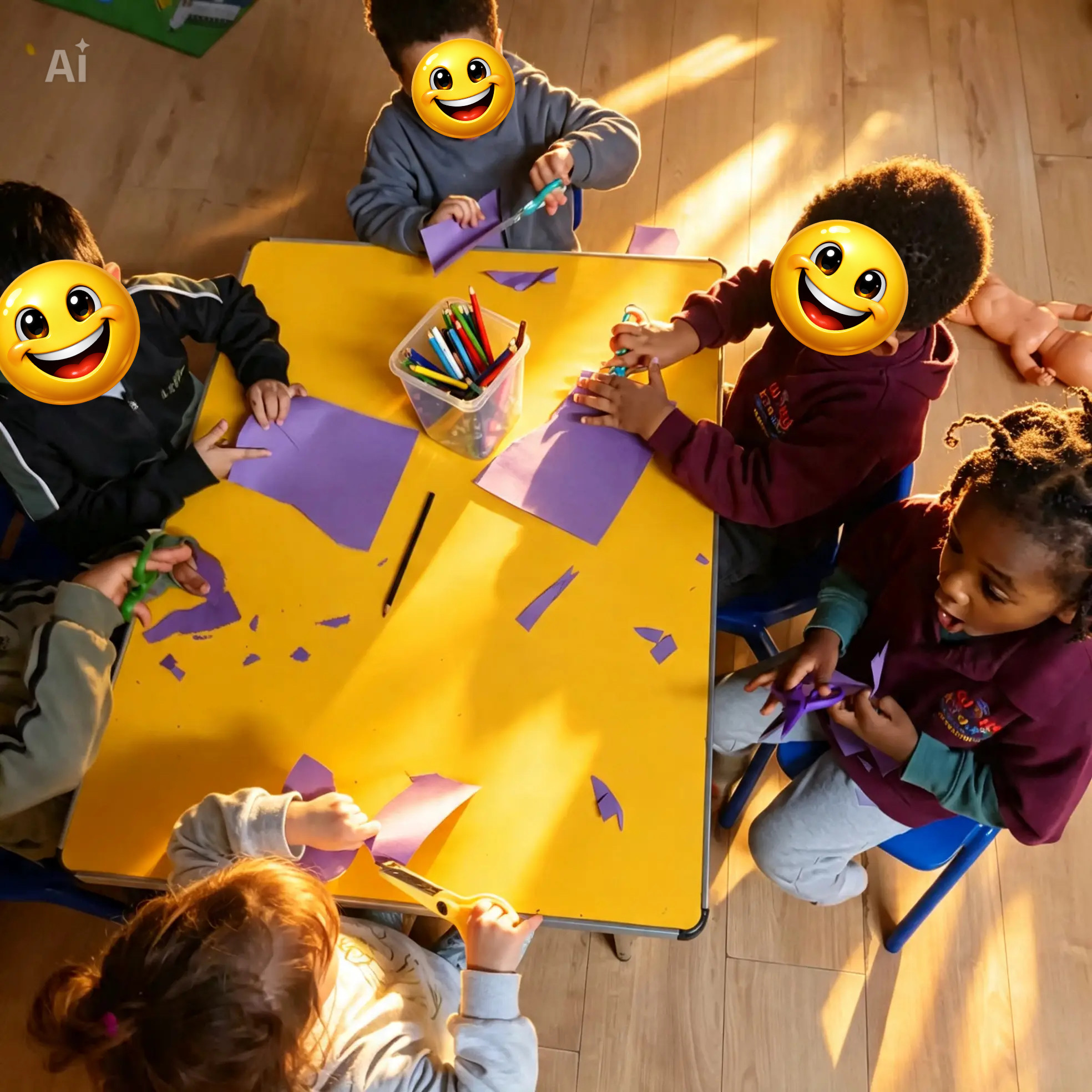 Children practising scissor skills with purple paper at a craft table